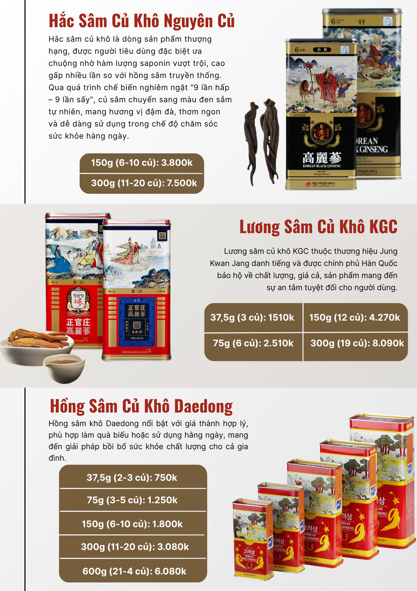 Bảng giá sâm củ khô Hàn Quốc nhập khẩu